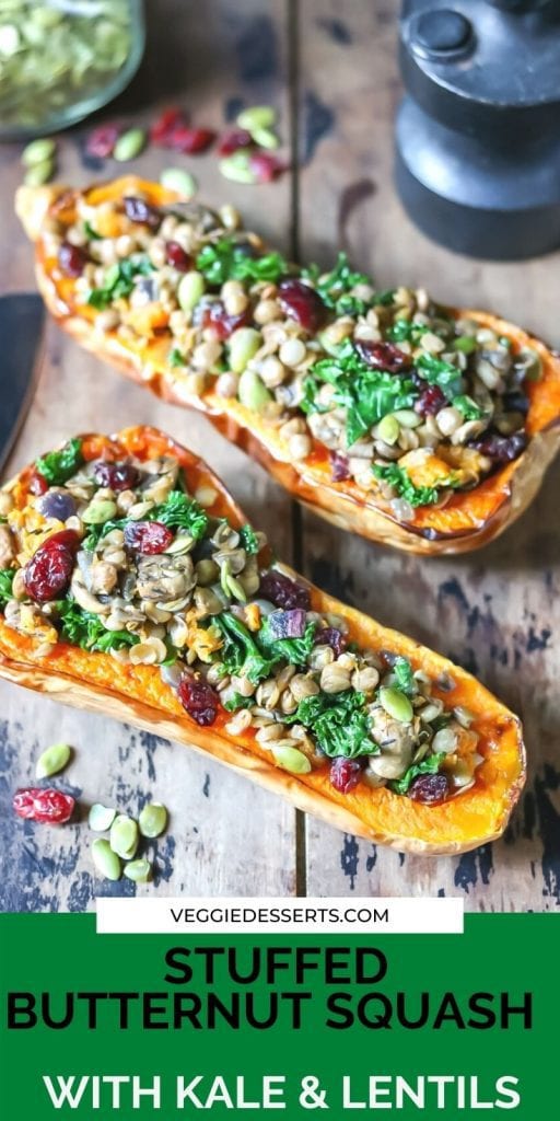 Two stuffed squashes with text Stuffed butternut squash with kale and lentils.