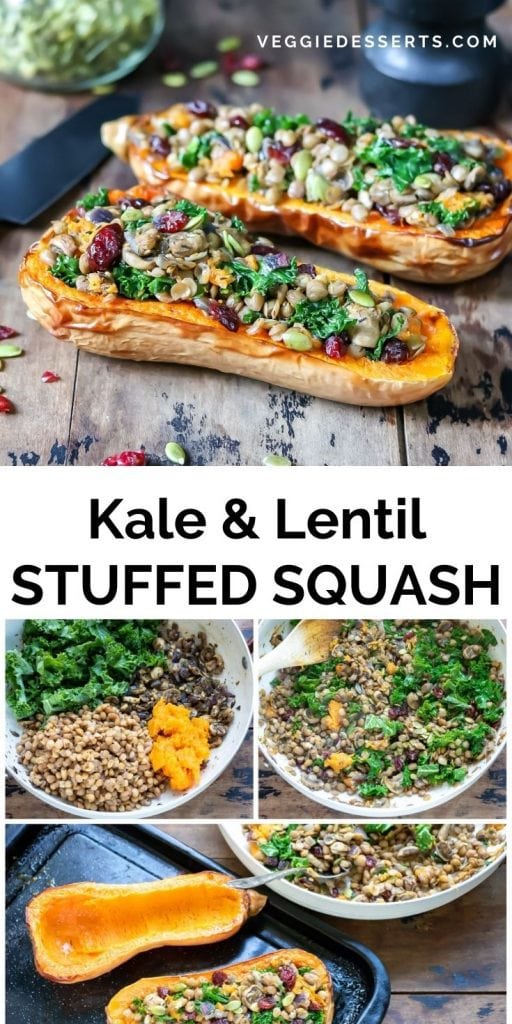 Kale and Lentil stuffed squash on a table and step by step collage.