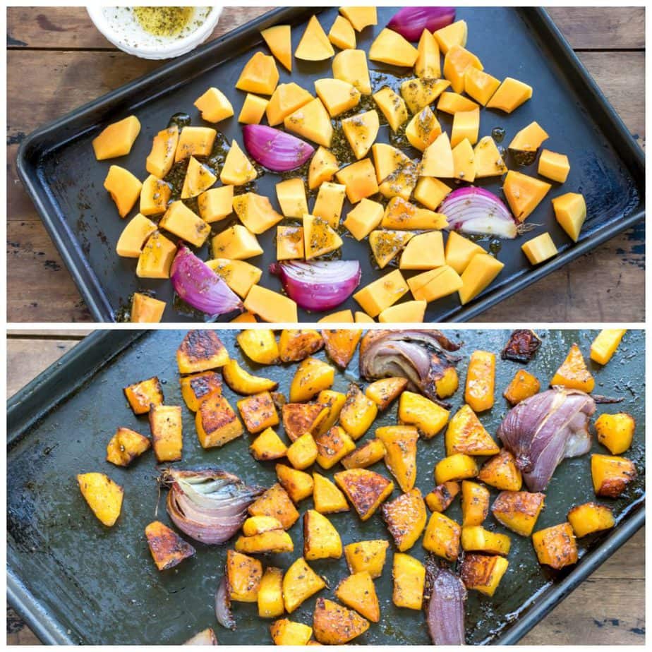Collage: 1 squash on a tray, 2 cooked roasted squash.