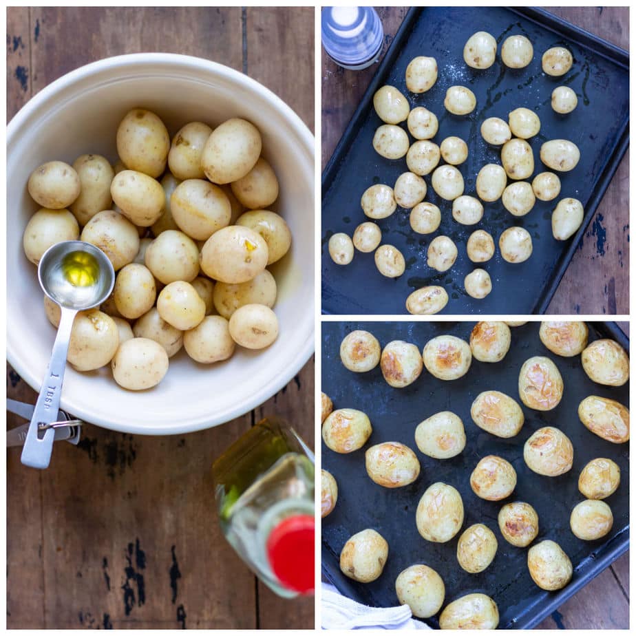 Collage: bowl of new potatoes with oil, spread on a baking sheet, baked.