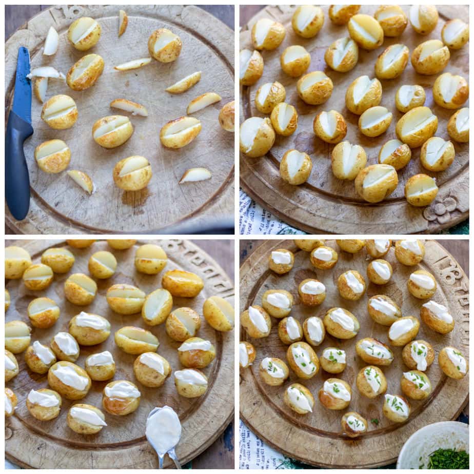 Collage: Cooked potatoes with pieces cut out, filled with sour cream, topped with chives.