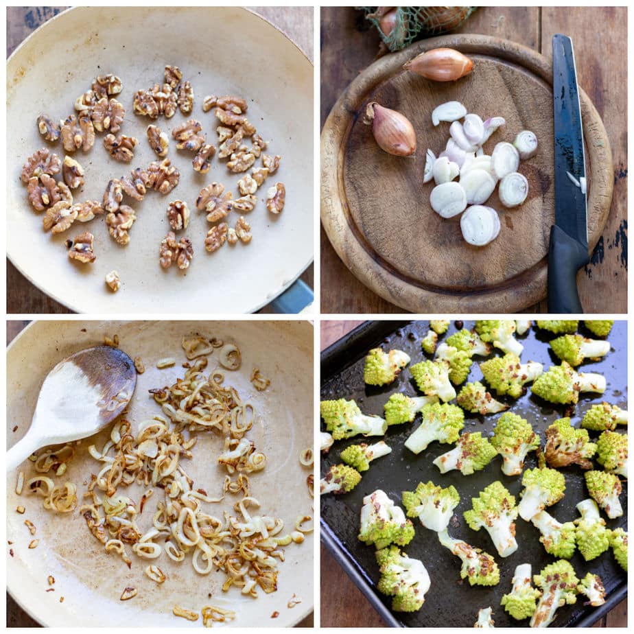 Collage: 1 walnuts in a pan, 2 chopped shallots, 3 fried shallots, 4 roasted romanesco.