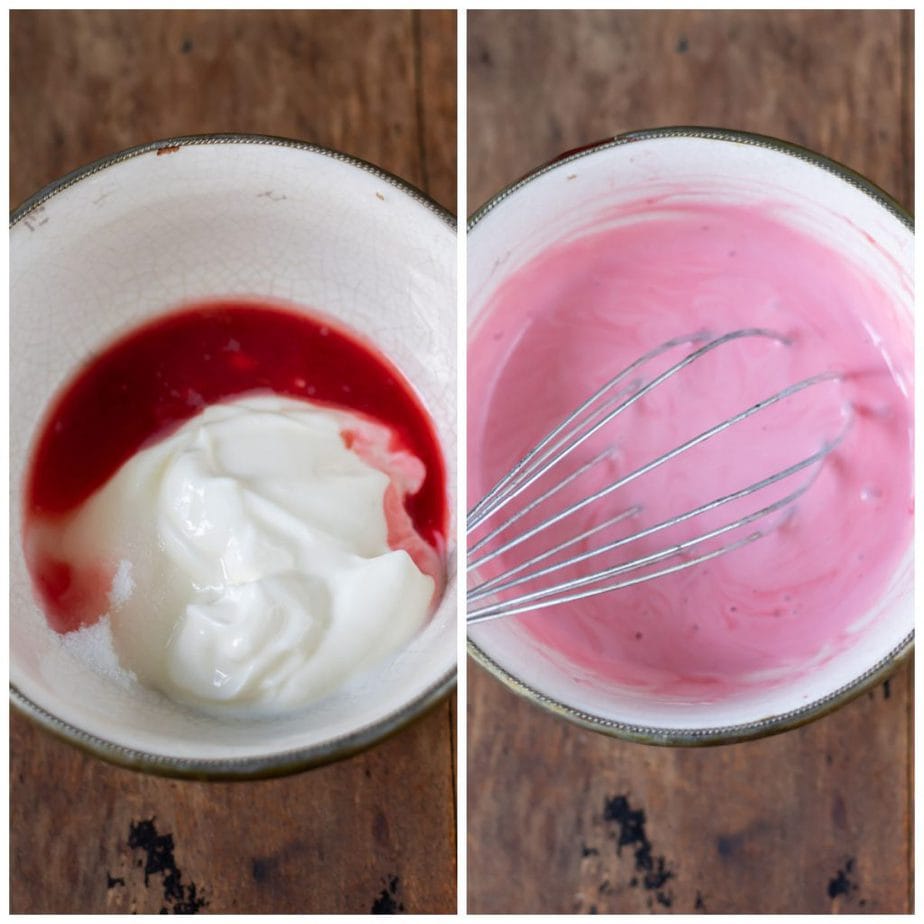 Collage: bowl of yogurt, vinegar, sugar, beet juice, 2 whisked together.