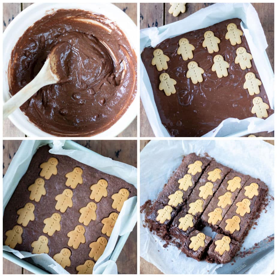 Collage: 1 bowl of batter, 2 spread into pan and adding mini gingerbread men, 3 baked, 4 cut into squares.