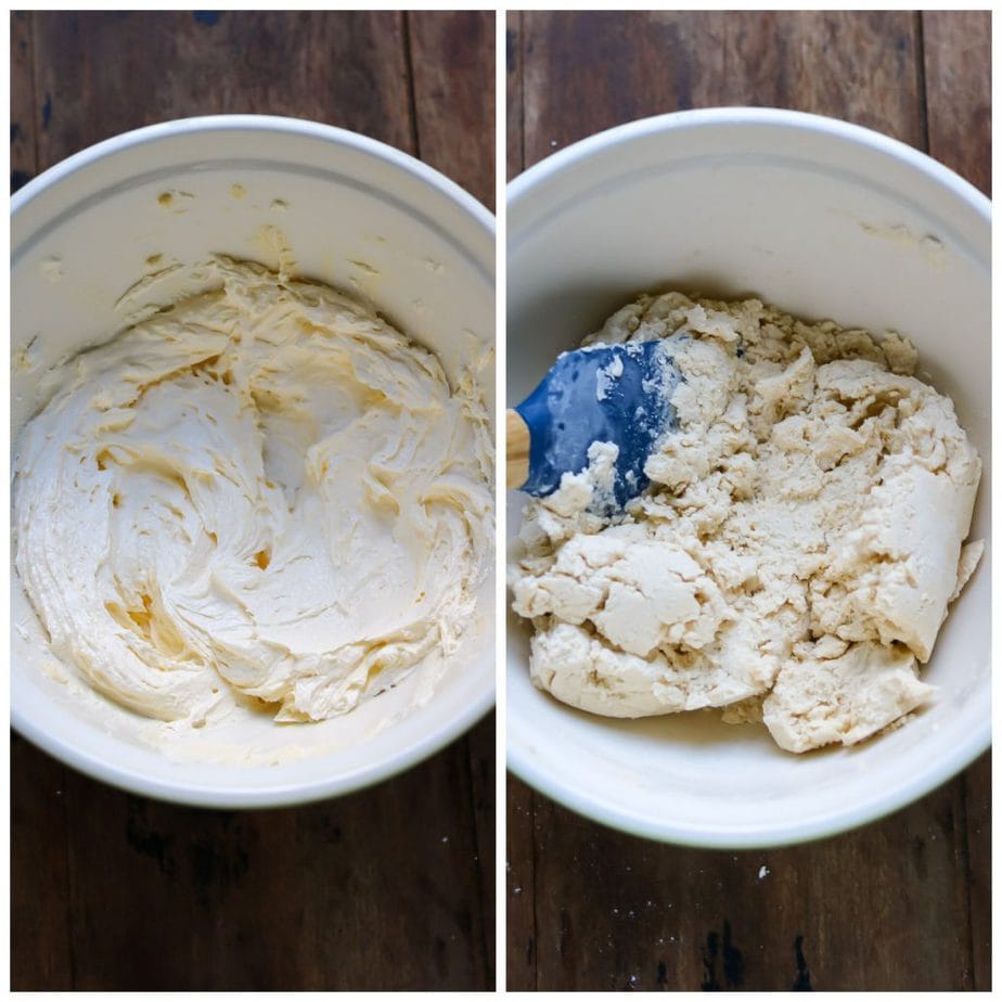 Collage: 1 bowl of butter and sugar beaten, 2 flour stirred in.