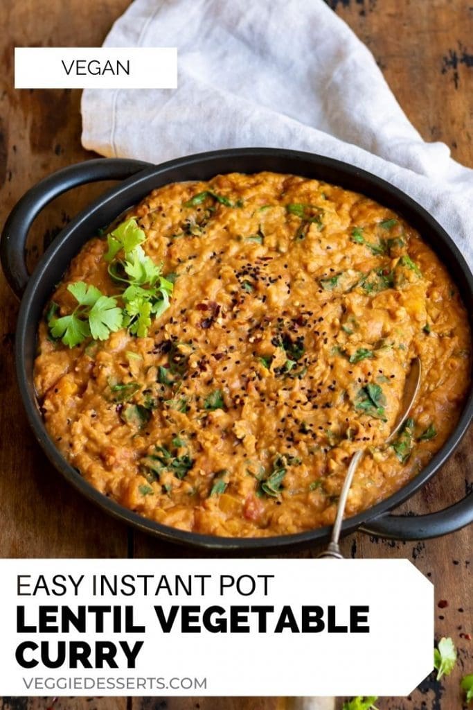 Dish of curry with text: Instant Pot Lentil and Vegetable Curry