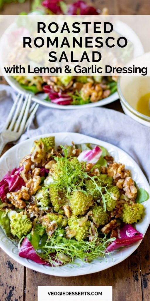 Dish of salad with text: Roasted Romanesco Salad.