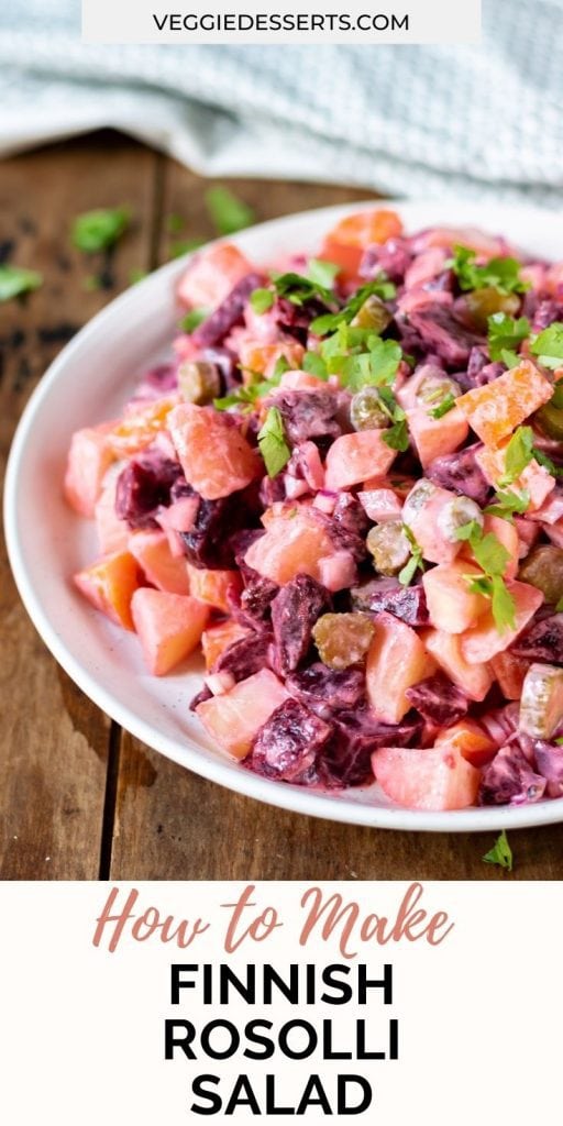 Close up of salad with text: How to make Finnish Rosolli Salad.