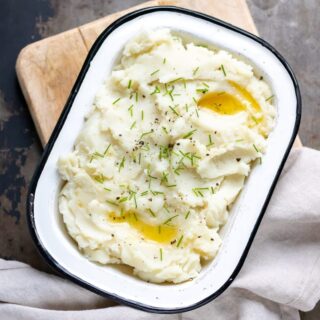 Enamel dish of mashed potatoes.