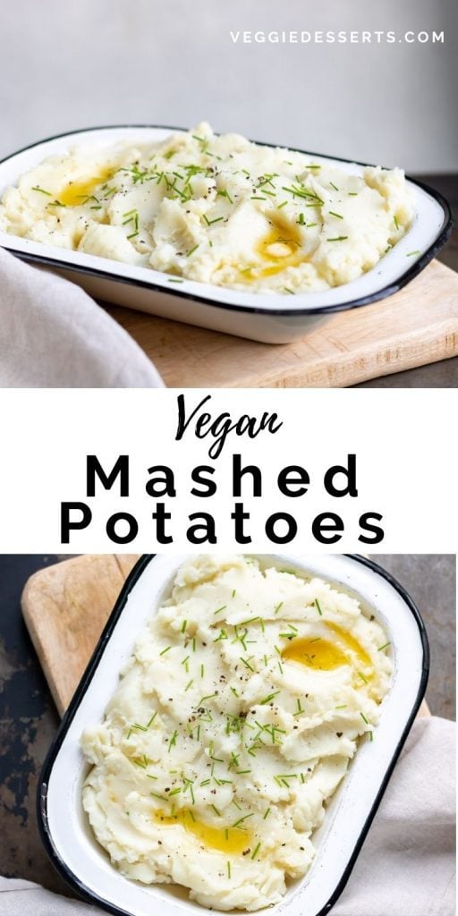 Collage of bowls of mashed potatoes with text: Vegan Mashed Potatoes.