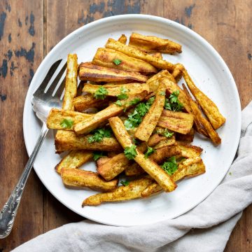 Plate of curried parsnip fries.