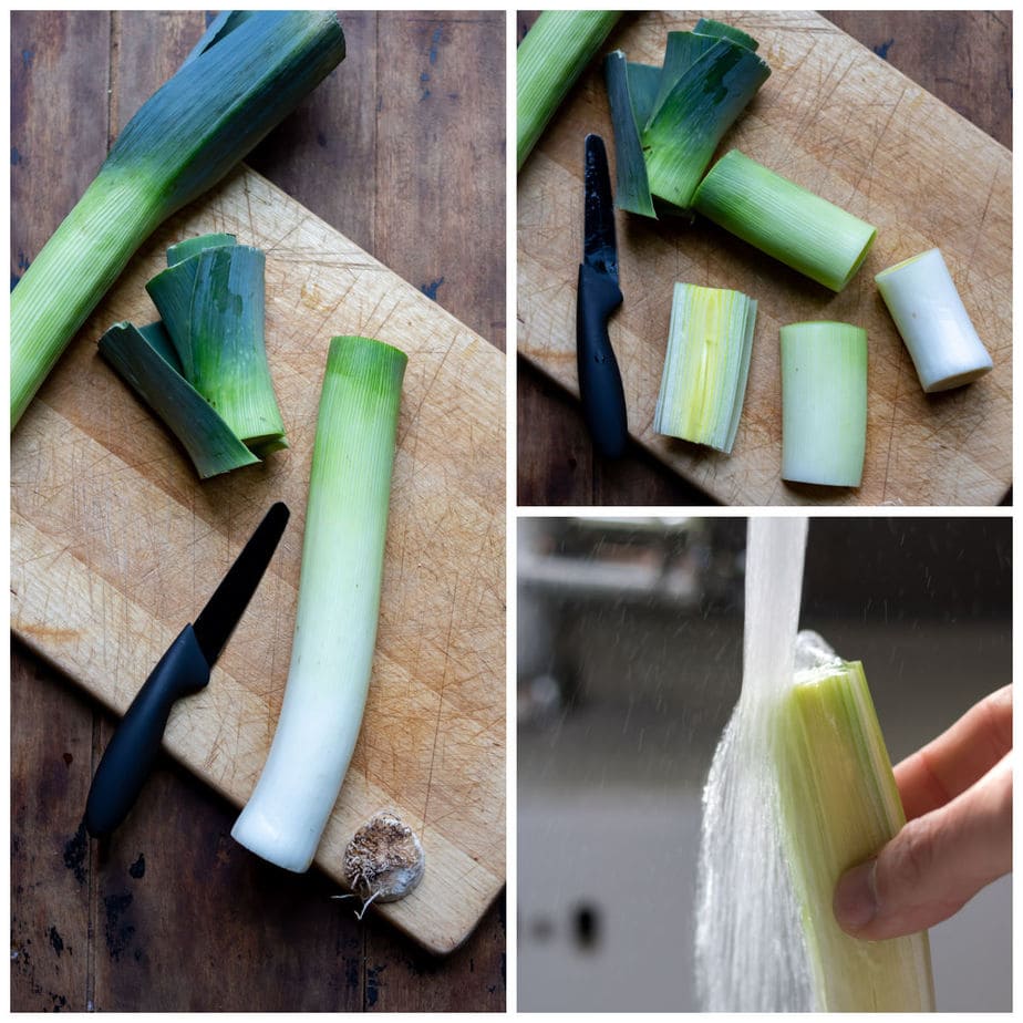 Collage: 1 trimming leeks, 2 cutting the leeks, 3 running under water to flush out dirt.