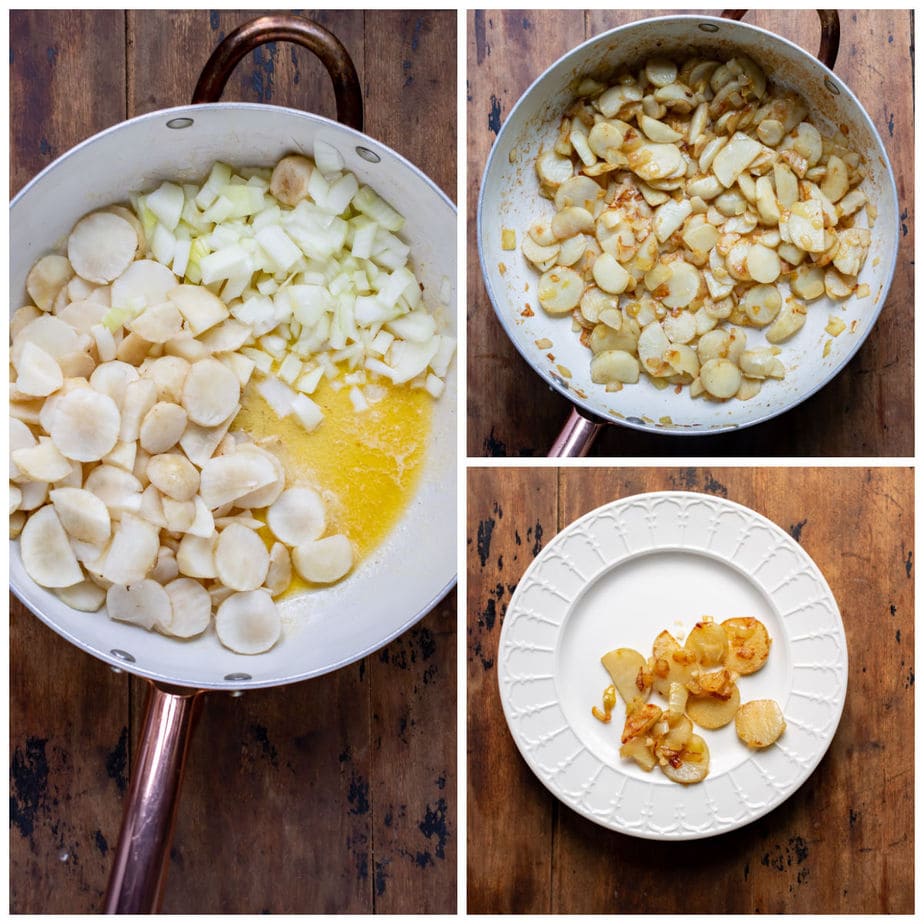 Collage: 1 sunchokes in a pan with butter, 2 cooked, 3 a few tablespoons of them reserved.