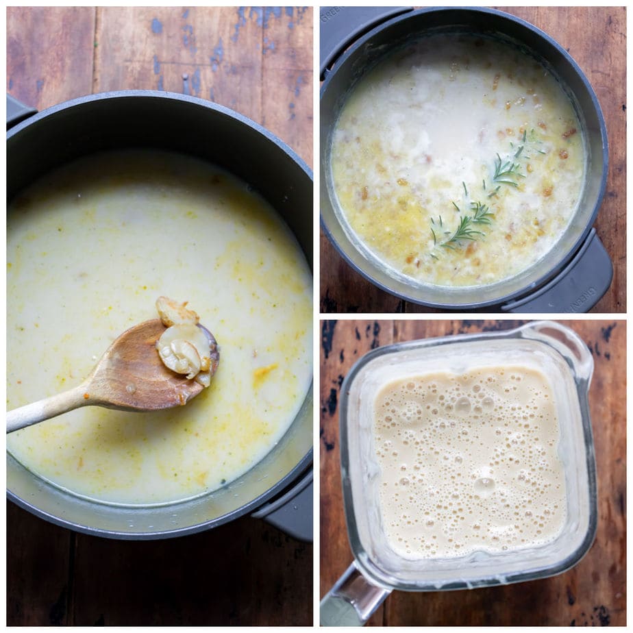 Collage: 1 milk and stock added, 2 rosemary added, 3 blended.