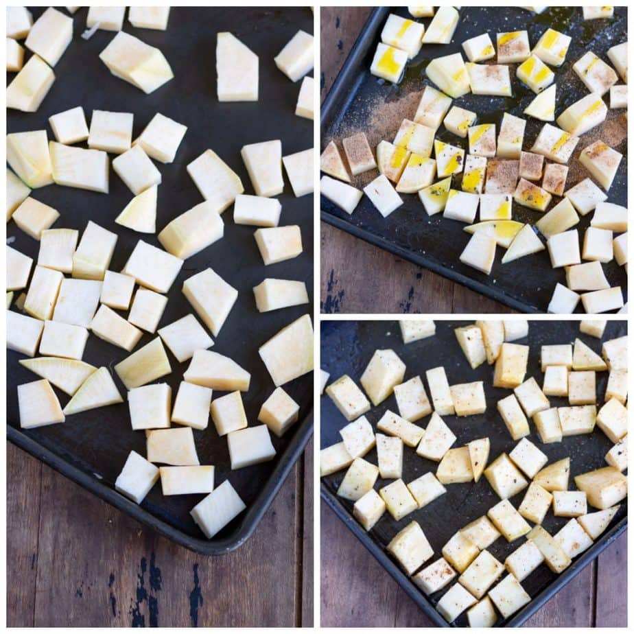Collage: 1 cubes of swede on a tray, 2 drizzled with oil and nutmeg, 3 ready to roast.