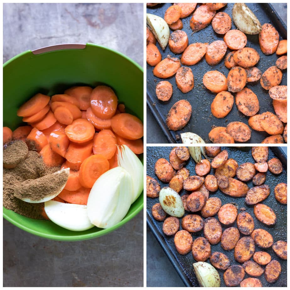Collage: 1 bowl of carrots, onion, oil and spices, 2 spread onto baking sheet, 3 roasted.