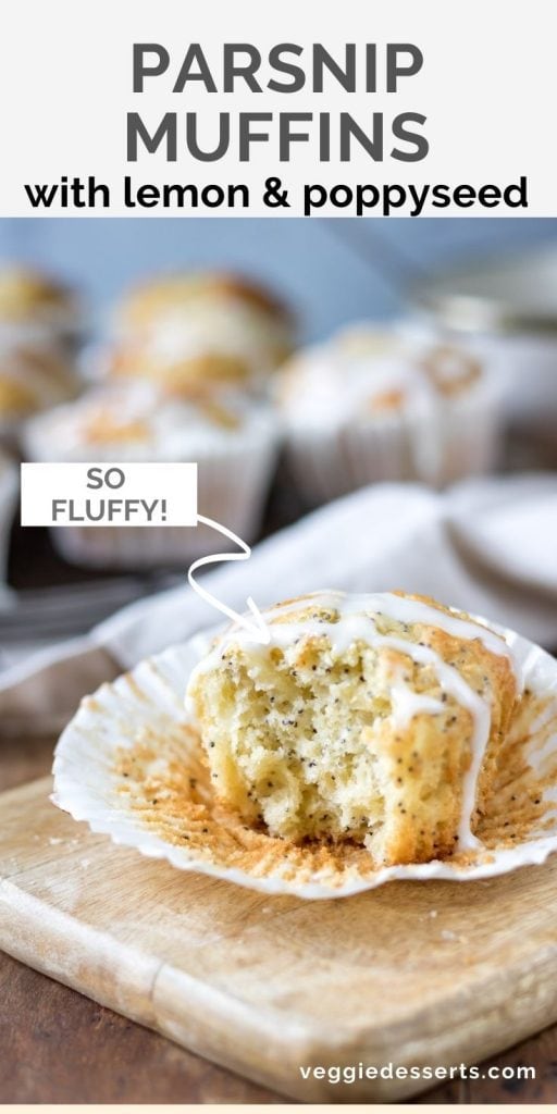 Muffin close up with text: Parsnip muffins with lemon and poppyseed.