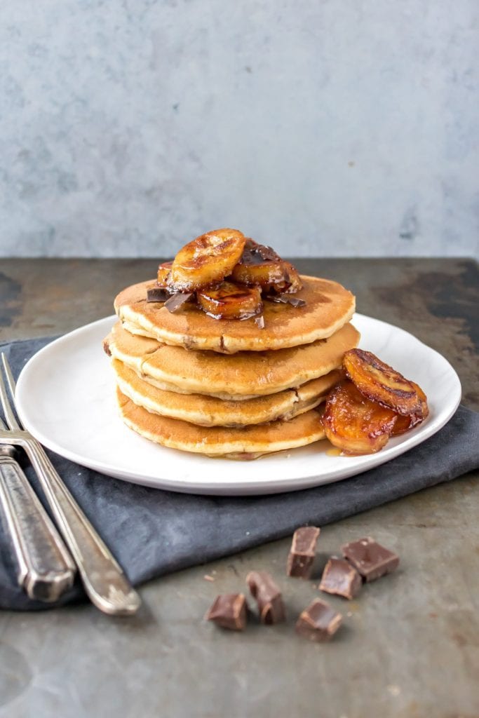 Pancakes topped with Maple Caramelised Bananas.