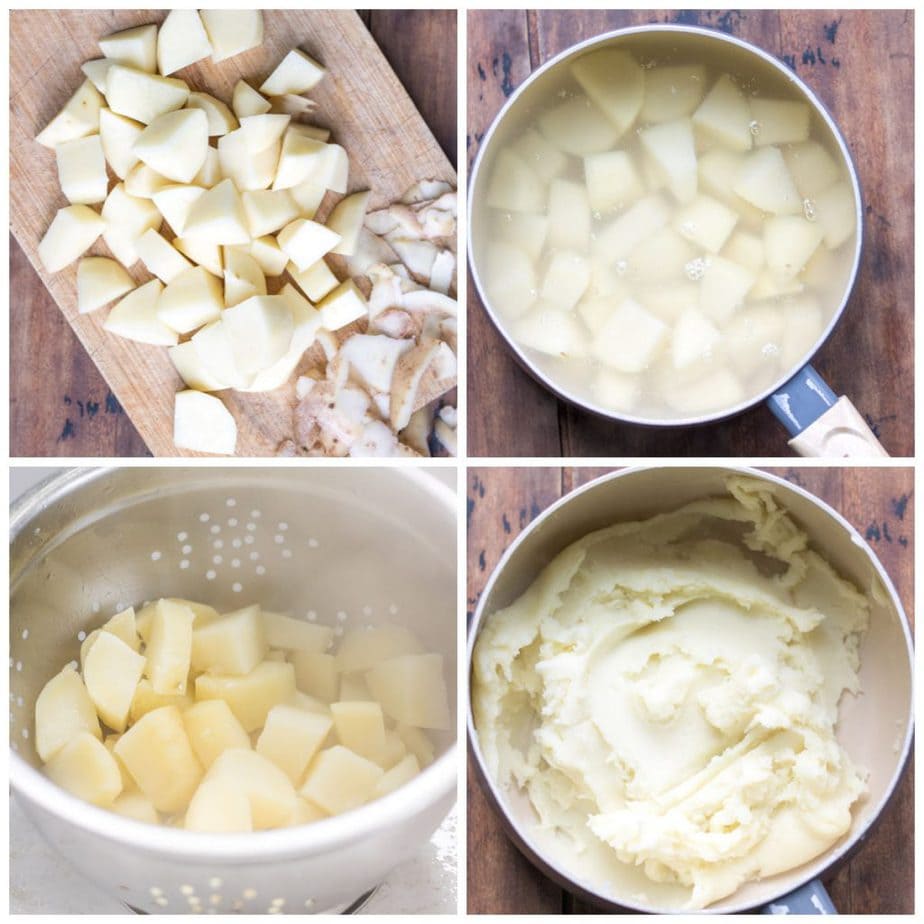 Collage of how to make mashed potatoes.