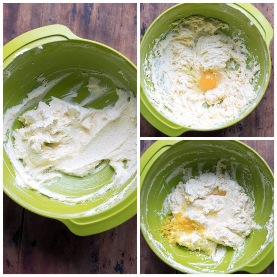 Collage: 1 bowl of creamed butter and sugar, 2 egg added, 3 lemon zest and juice added.