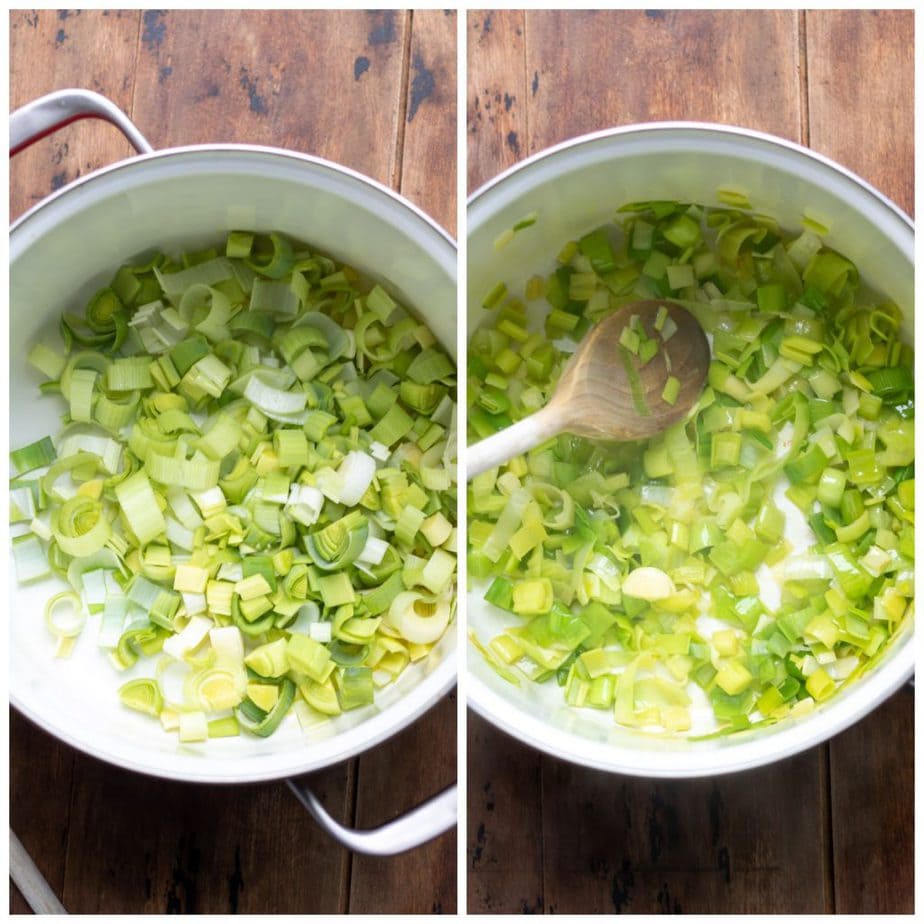Collage: 1 pot of chopped leeks, 2 cooked leeks.