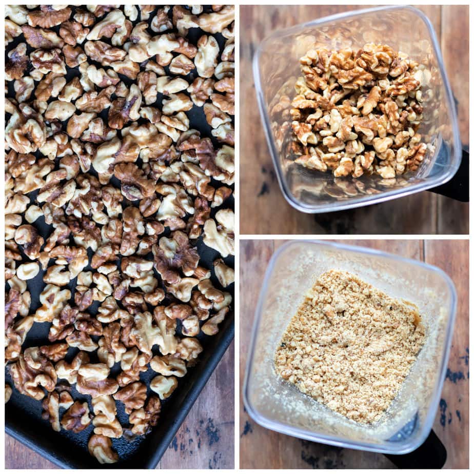 Collage: 1 toasted walnuts on a tray, 2 nuts in a blender, 3 processed to crumbs.