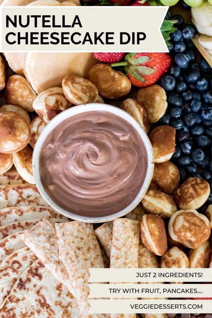 Bowl of dip with pancakes and fruit plus text: Nutella Cheesecake Dip.
