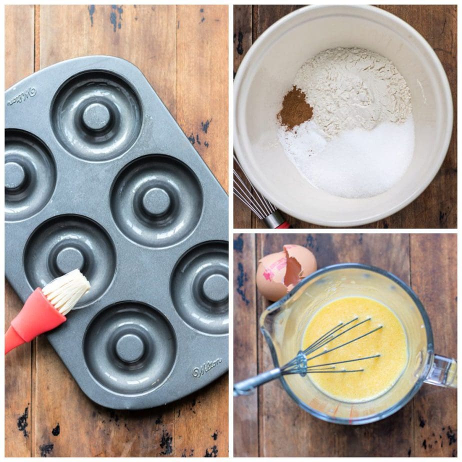 Collage: 1 greasing donut pan, 2 dry ingredients in bowl, 3 wet ingredients in jug.