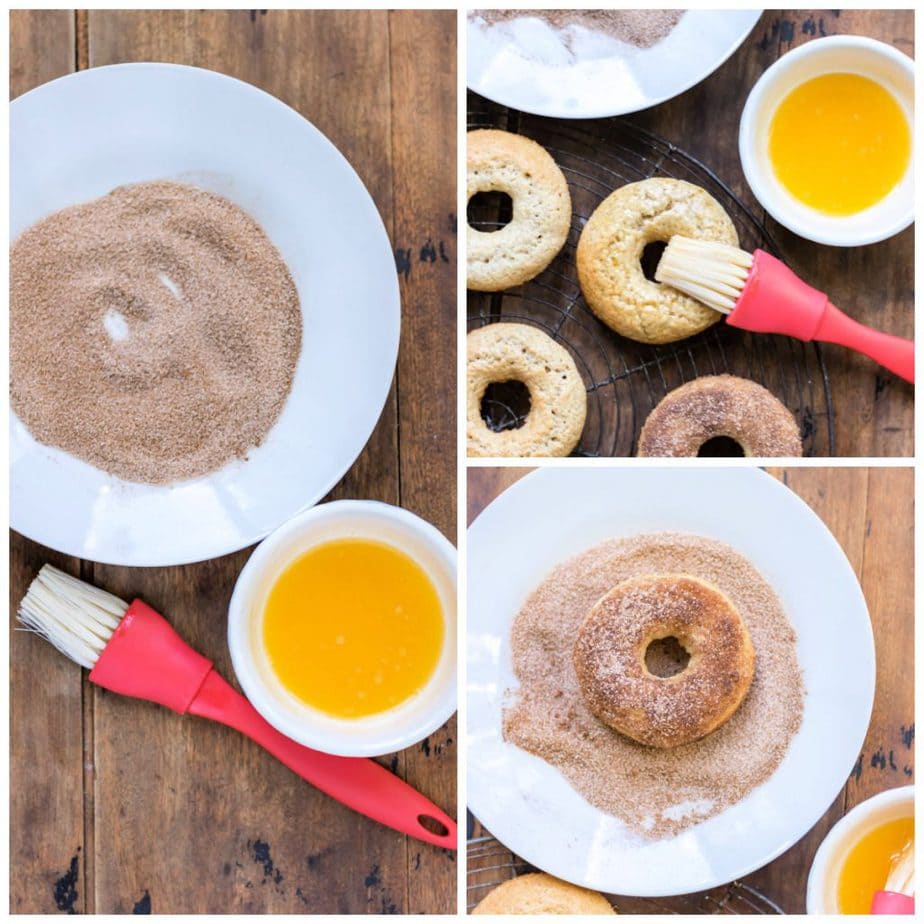 Collage: 1 bowl of cinnamon sugar and dish of melted butter, 2 brushing butter on donuts, 3 donut in cinnamon sugar.