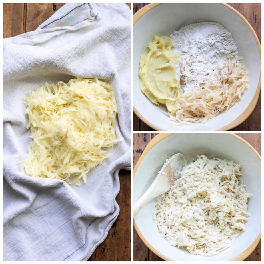 Collage: grated potato, 2 added to a bowl with mashed potato and flour, 3 mixed together.