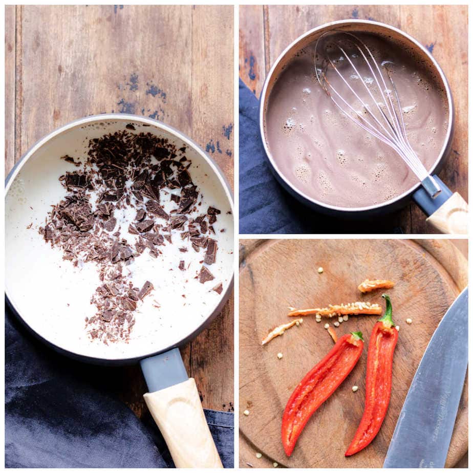 Collage: melk en chocolade in een pot, 2 gesmolten, 3 plakjes chilipeper.