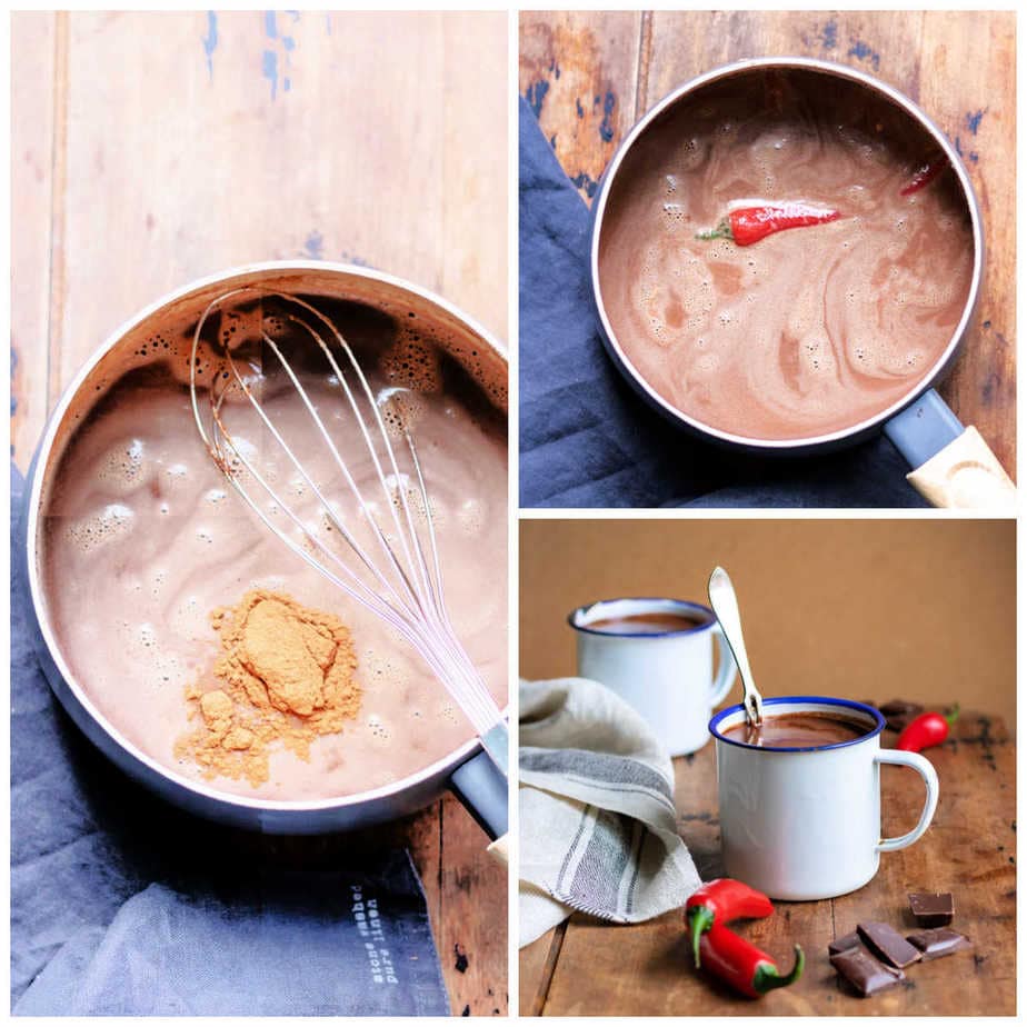 Collage: vanilla, cinnamon added, 2 chili added, 3 in mugs.