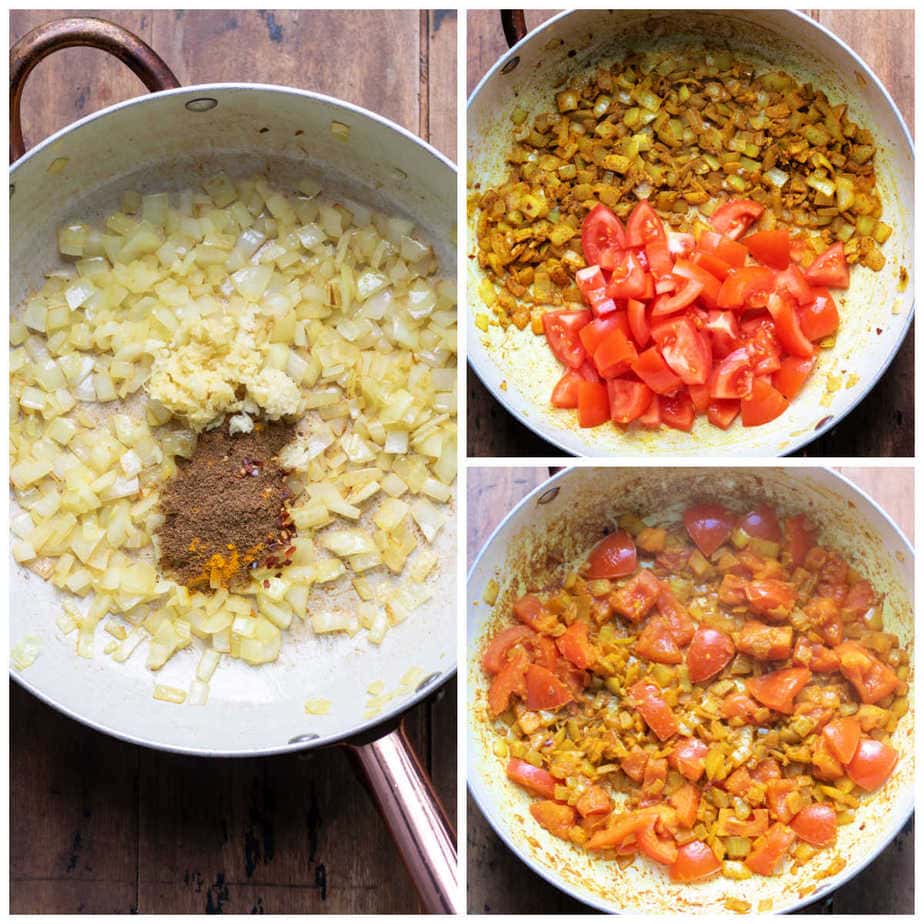 Collage: 1: pan of cooked onions and spices, 2 tomatoes added, 3 cooked.