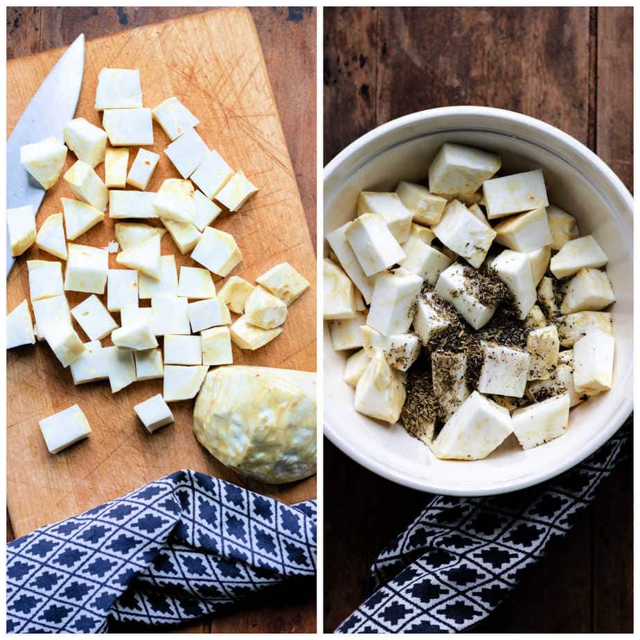 Collage: 1 cutting celery root, 2 in a bowl of oil and herbs.