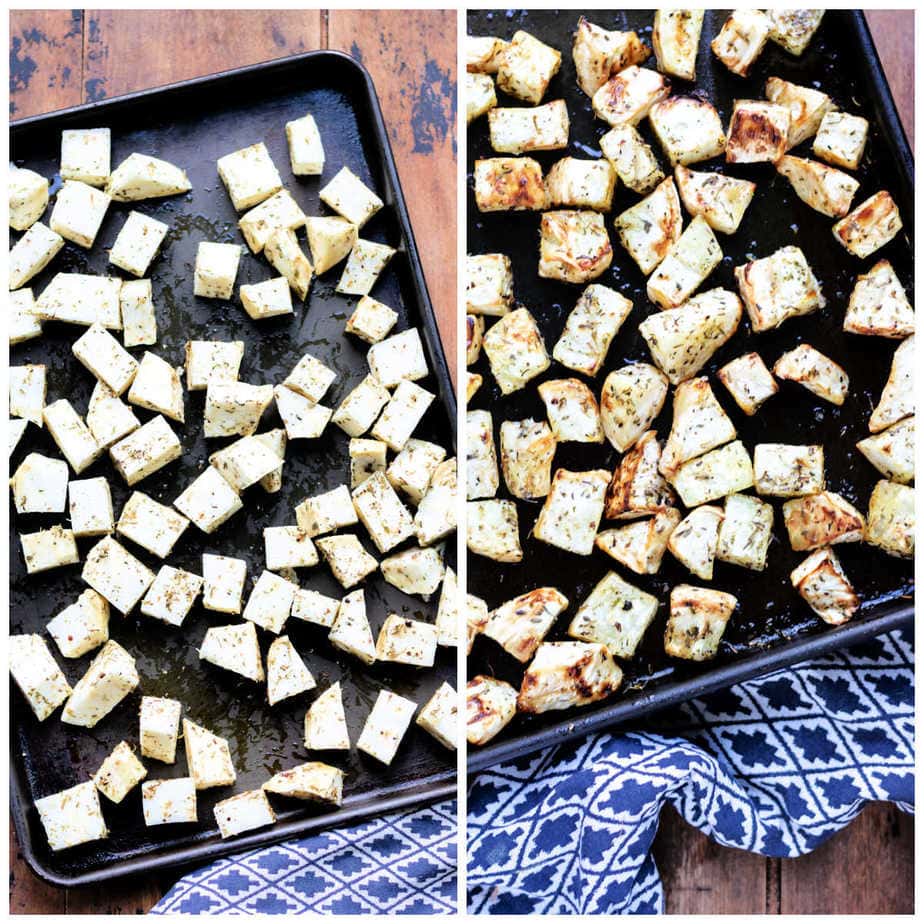 Collage: 1 raw celeriac on a baking sheet, 2 cooked.