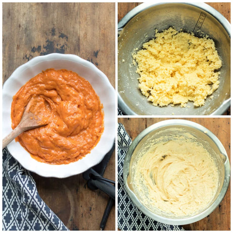Collage: 1 soup in a bowl, 2 butter and sugar beaten, 3 eggs beaten in.