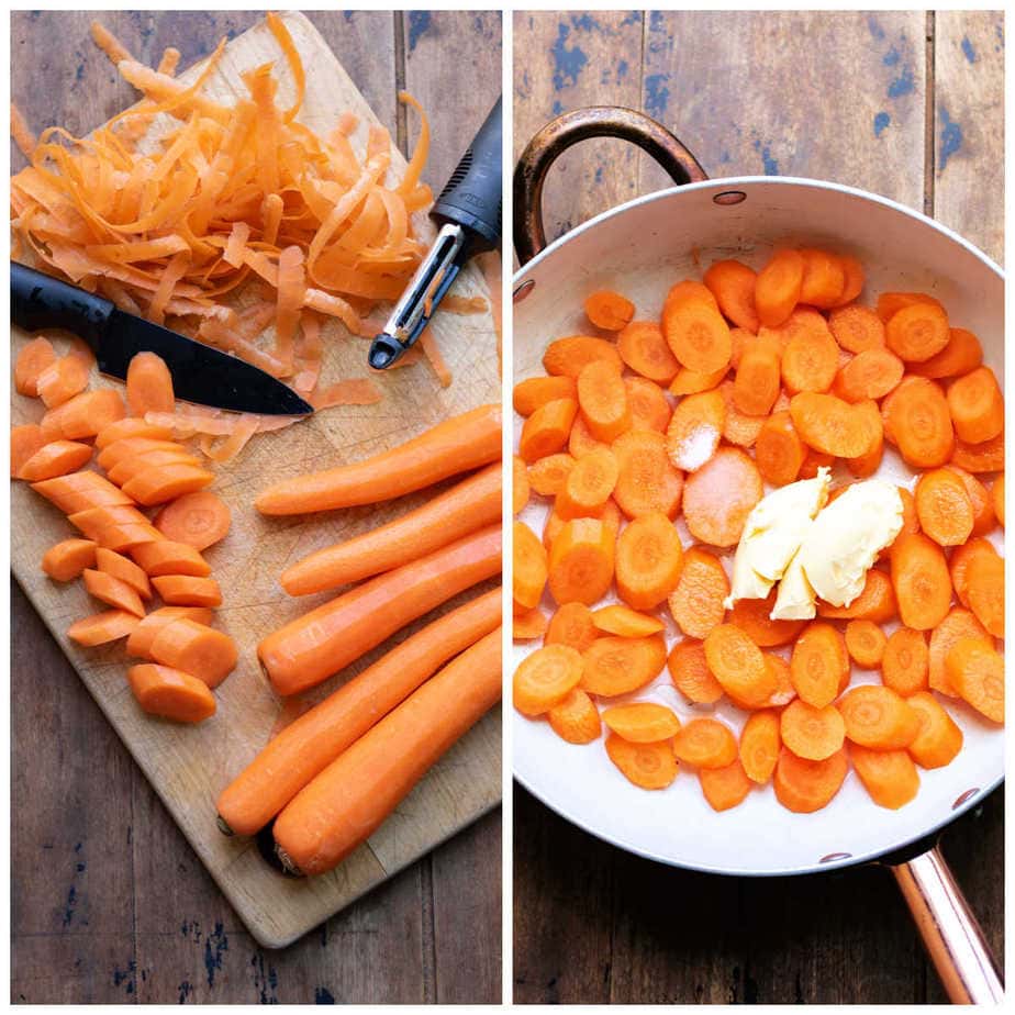 Collage: 1 chopping carrots, 2 in a pan with butter, sugar and water.