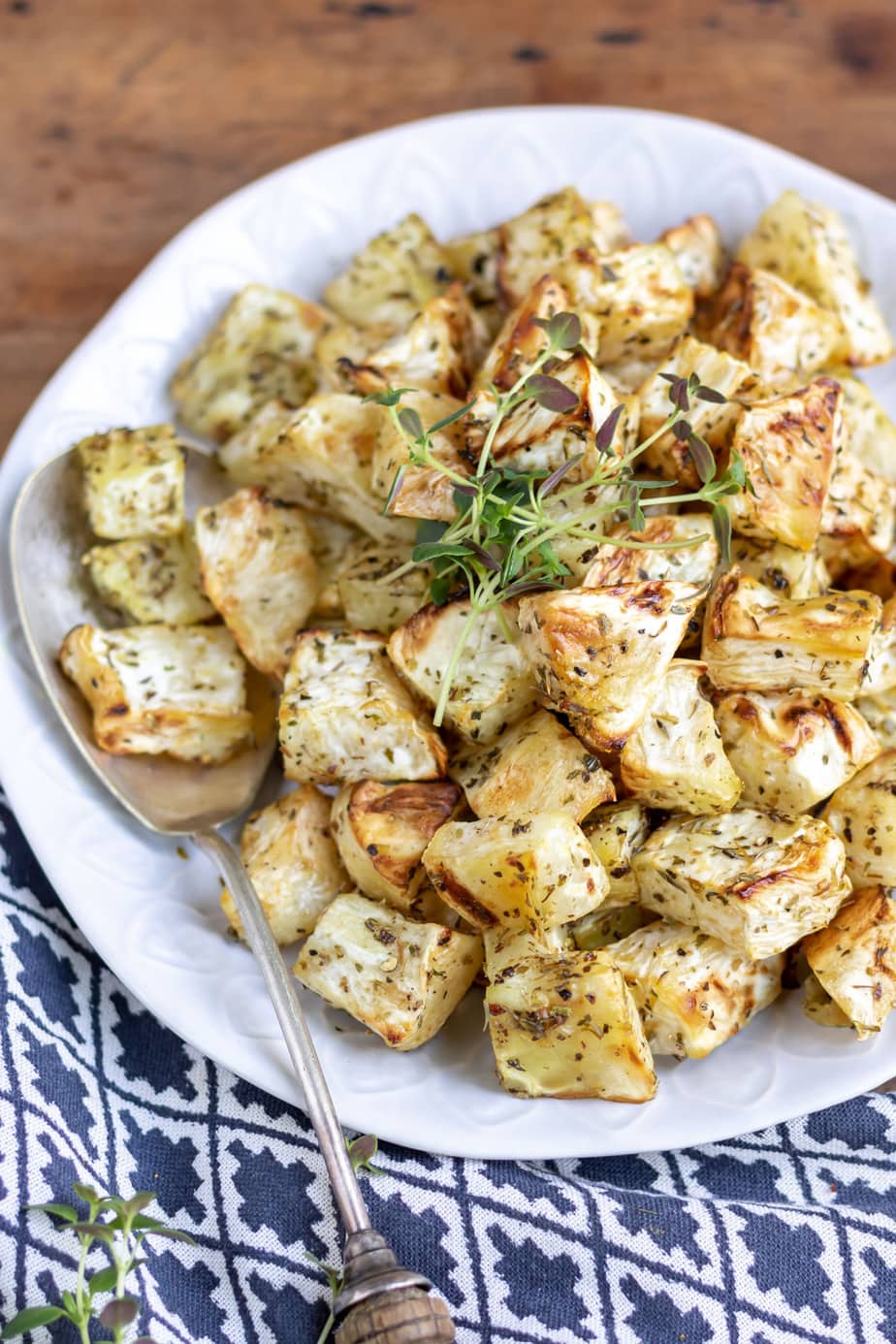 Close up of roasted celeriac cubes.