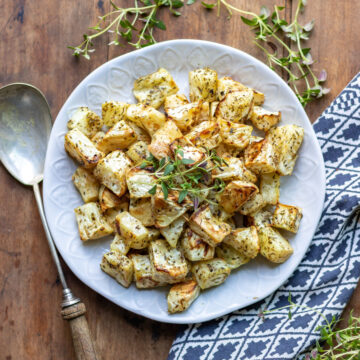 Serving plate of roasted celeraiac.