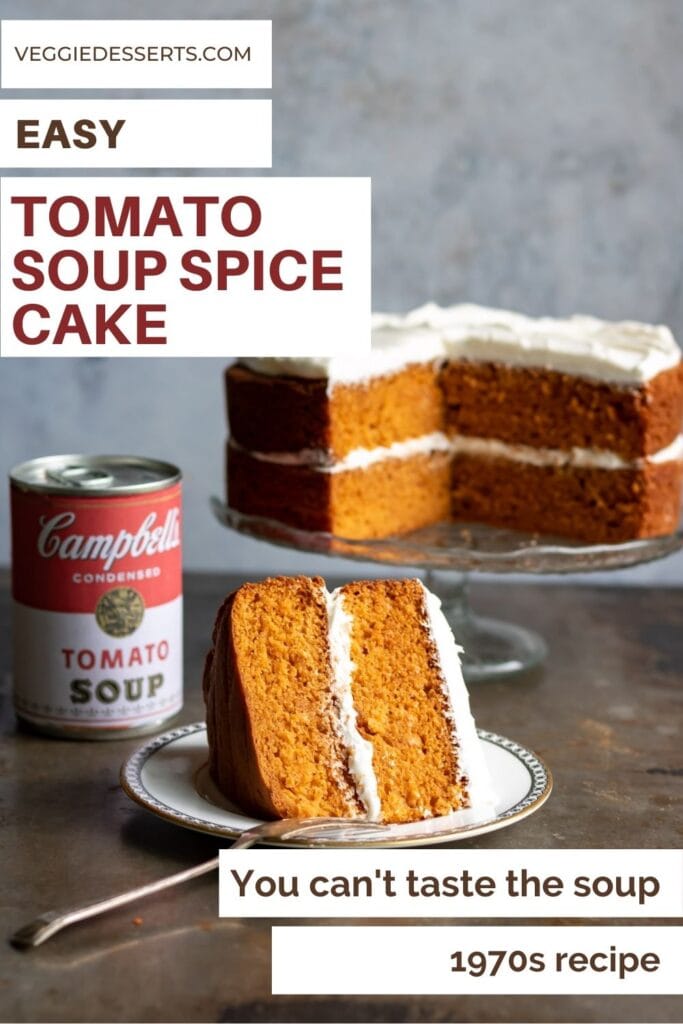 Slice of cake with text: Easy tomato soup spice cake.
