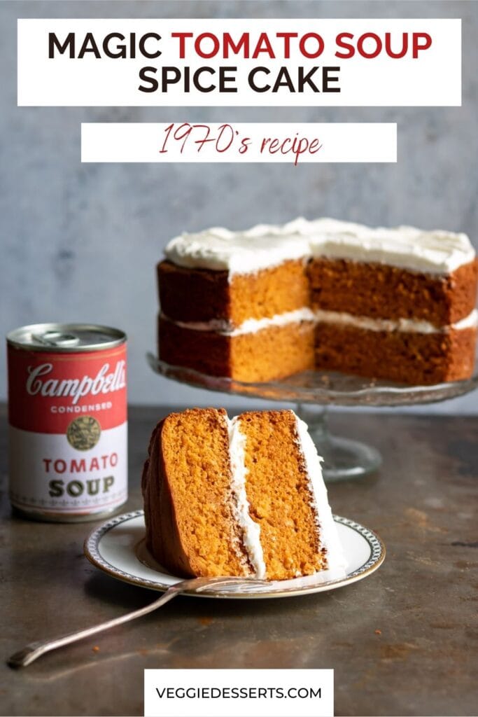 Slice of cake with text: Magic tomato soup spice cake.