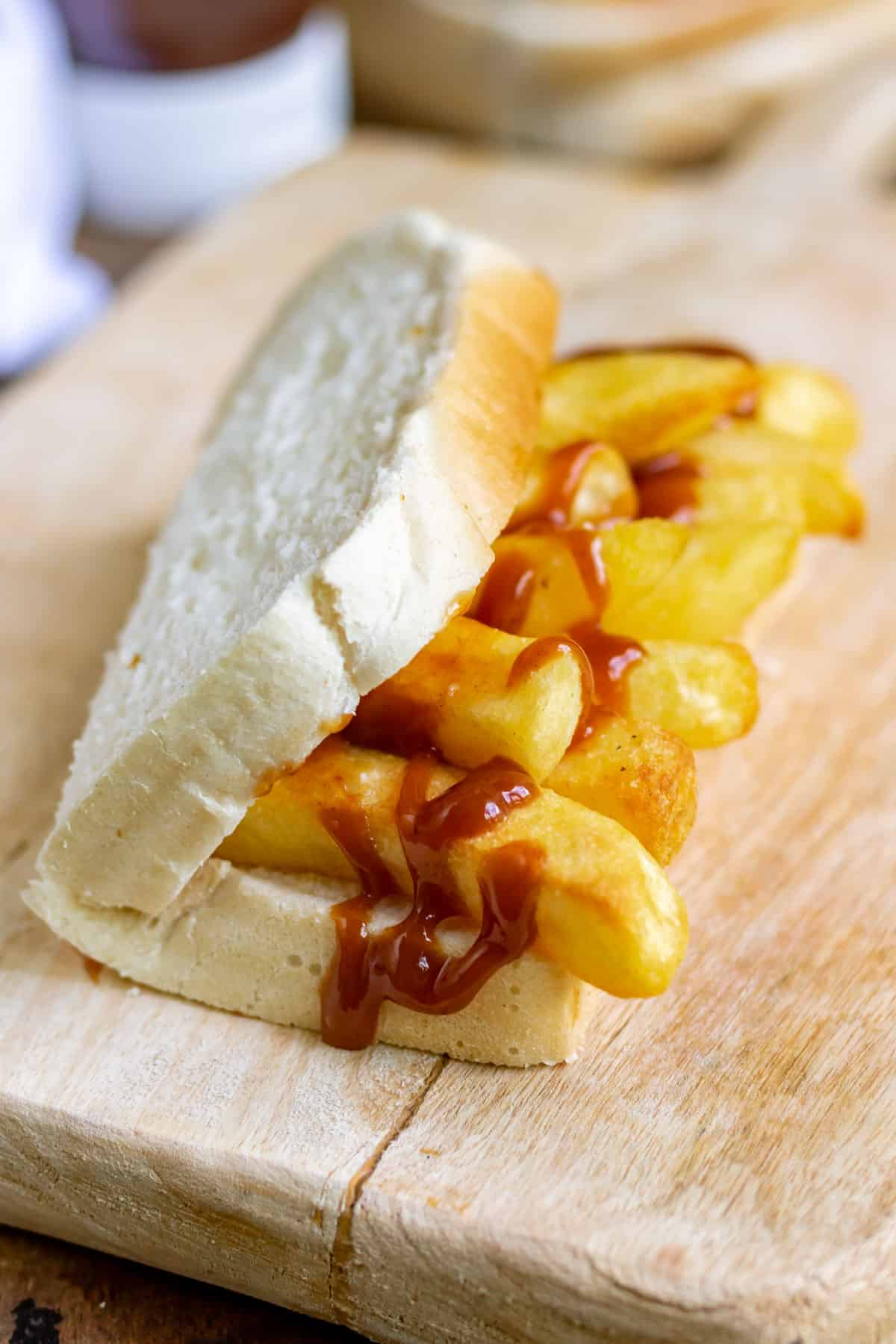 A folded chip sandwich with HP Sauce.