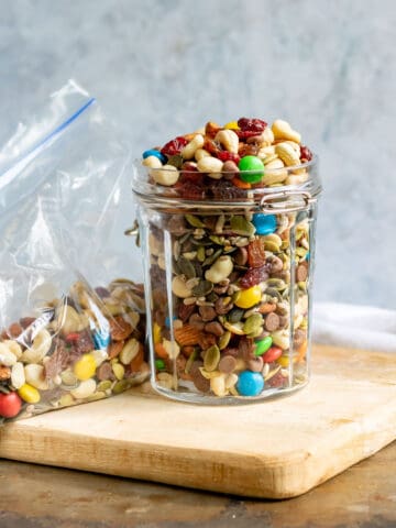 Jar and bag of gorp trail mix.
