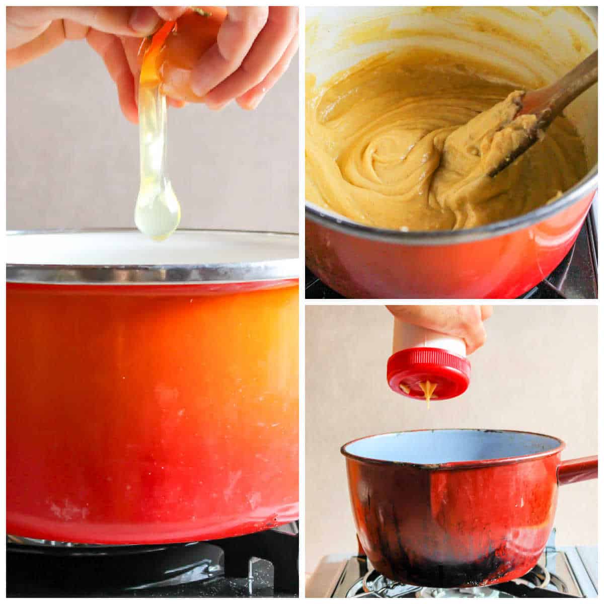 Collage of how to make churro dough: 1 cracking egg into pot, 2 stirred batter, 3 piping into oil.