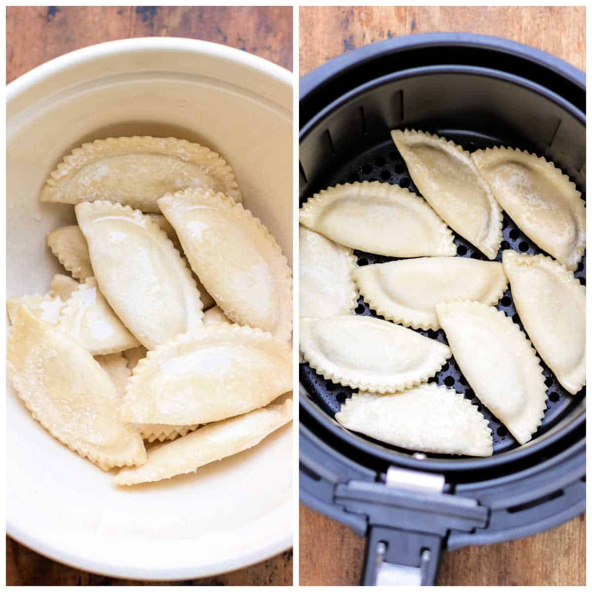 Pierogies in a bowl and in the air fryer.