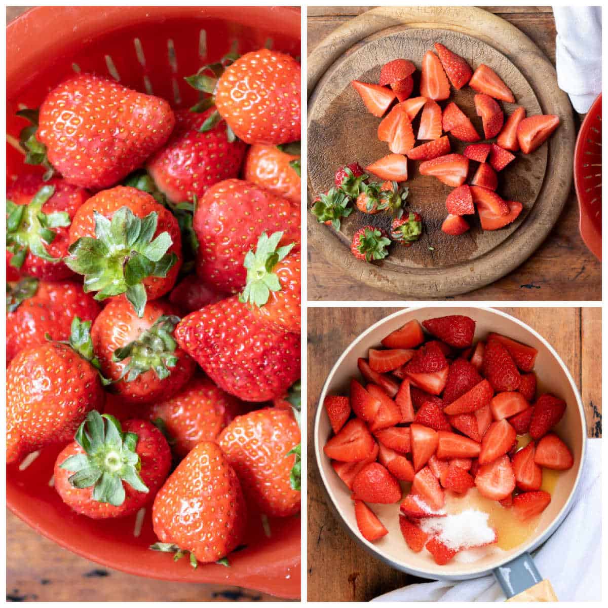 Collage: washed strawberries, chopped, added to a pan.