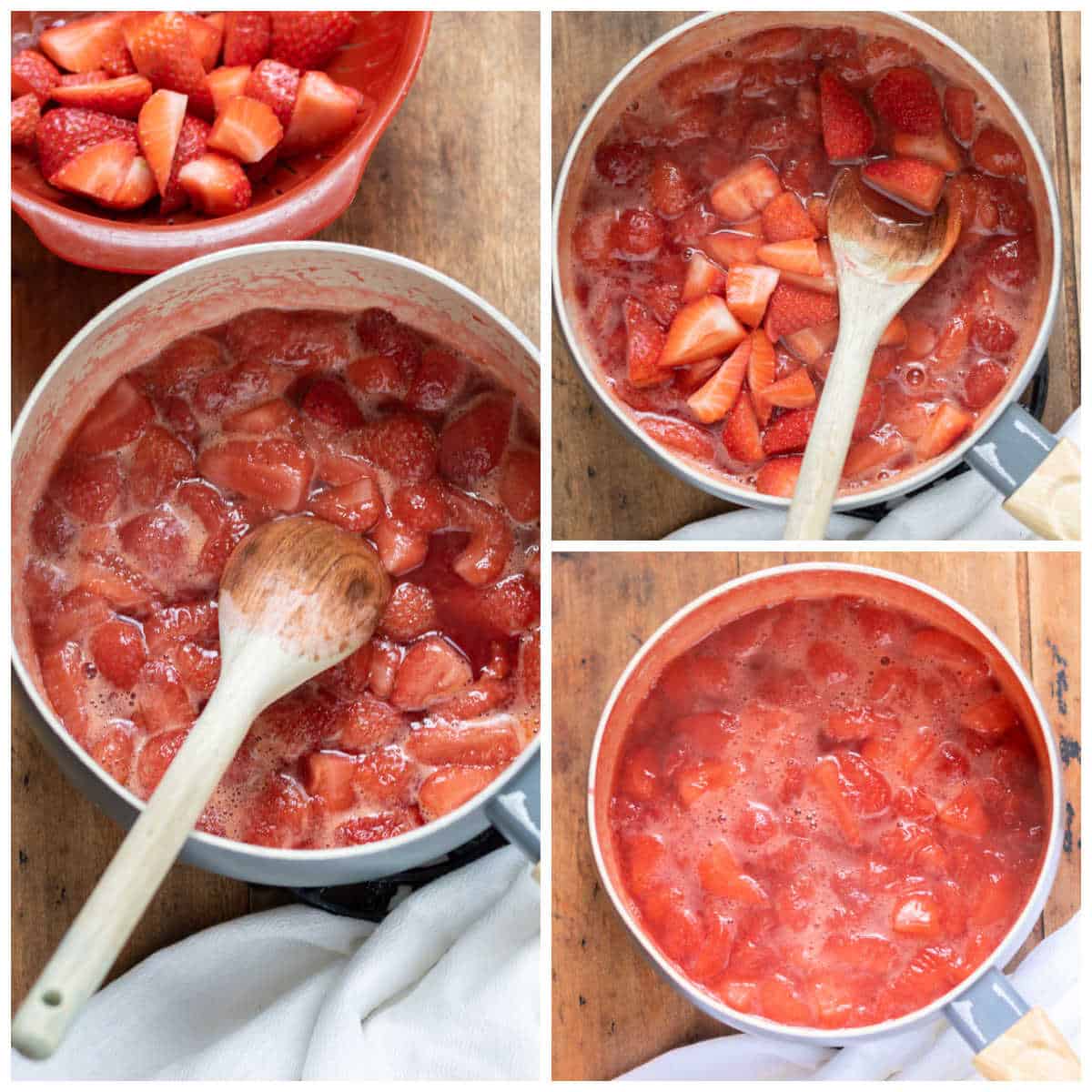 Collage of stages of strawberry compote cooking.