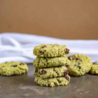 Stack of cookies on a table.
