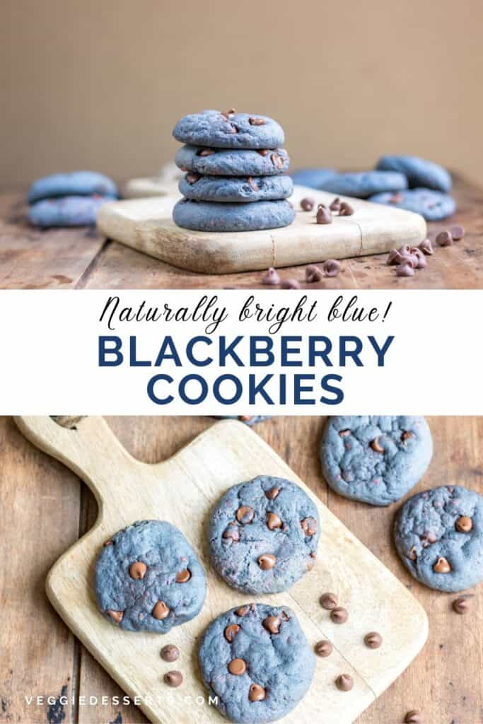 Collage of cookie pictures with text: Naturally bright blue Blackberry Cookies.