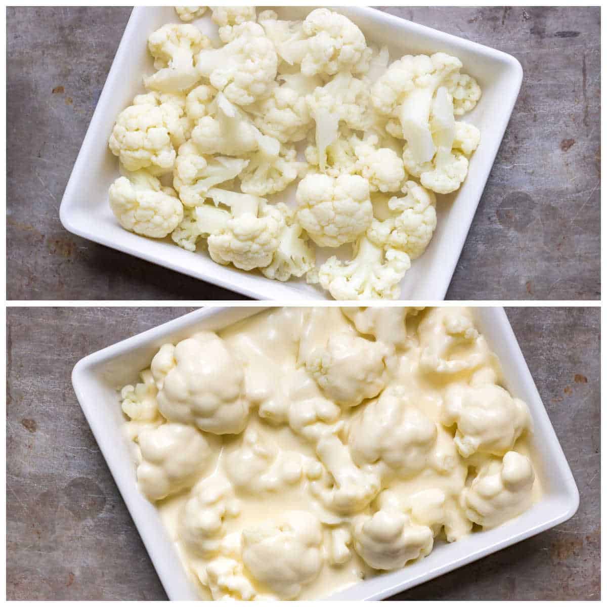 Collage: Casserole dish of cauliflower, cheese sauce added.